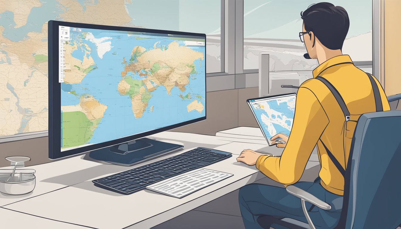 A person sits at a computer, selecting a bus ticket online. A map of Turkey is displayed on the screen, with various destinations to choose from