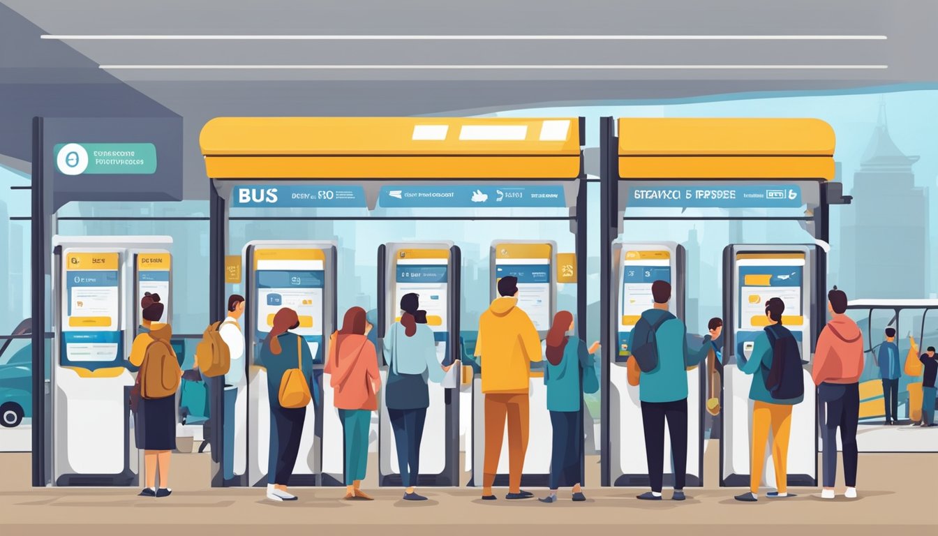 Passengers using smartphones to buy bus tickets online in Turkey. A bus station with digital ticketing kiosks and people waiting in line