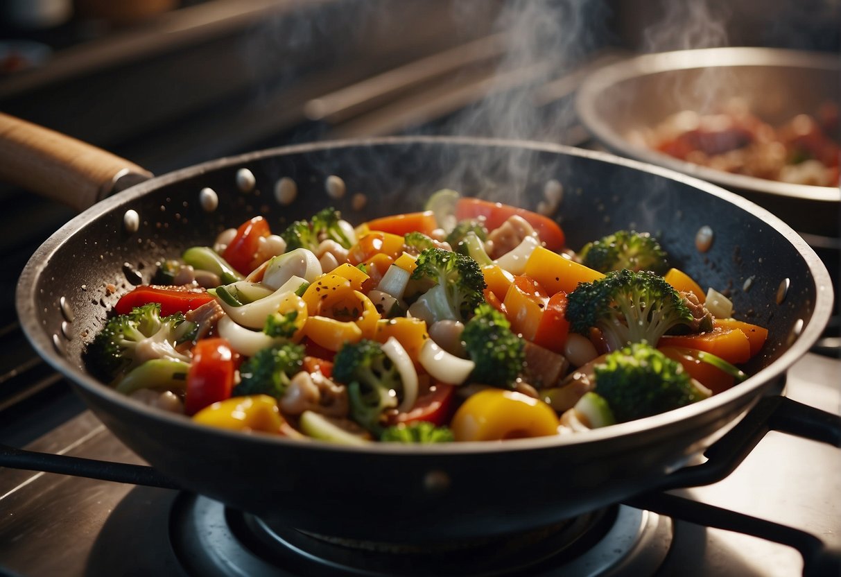 A sizzling wok tosses together vibrant vegetables, succulent meats, and aromatic spices in a bustling kitchen, blending the flavors of traditional Chinese cuisine with modern culinary techniques