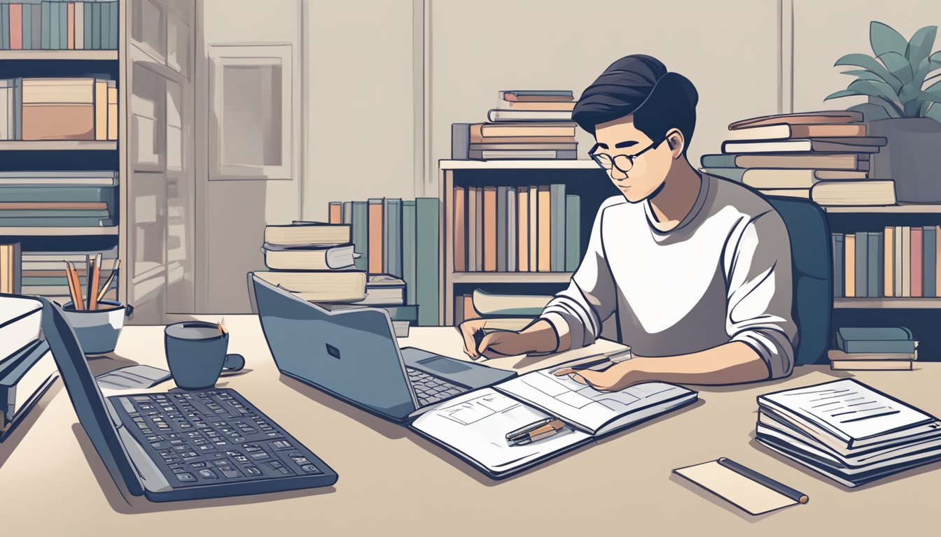 A student sits at a desk, surrounded by textbooks and a laptop. They are reviewing their education loan repayment options in Singapore, with a calculator and financial documents in front of them