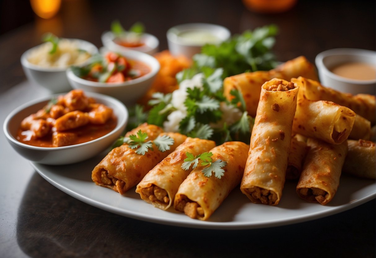 A table set with a spread of Chinese-Indian fusion dishes, including chili paneer, chicken tikka masala, and veggie spring rolls