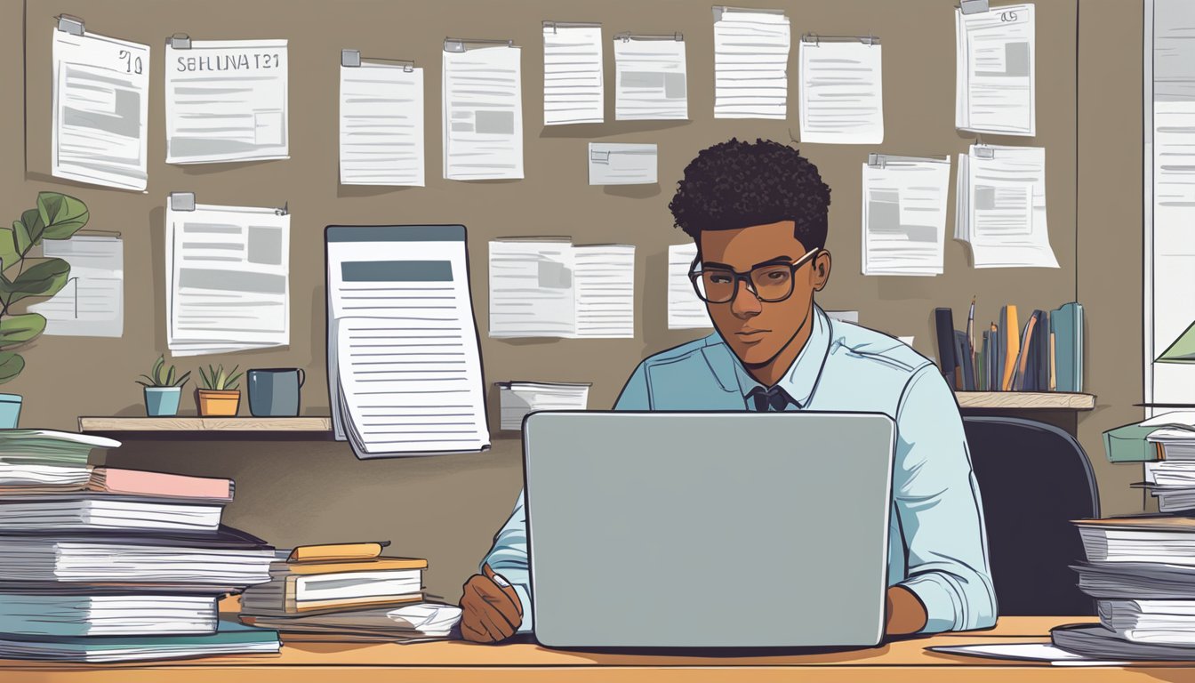 A young adult sits at a desk, surrounded by paperwork and a laptop. A calendar on the wall shows the looming deadline for their first education loan repayment. They furrow their brow in concentration, trying to understand the process