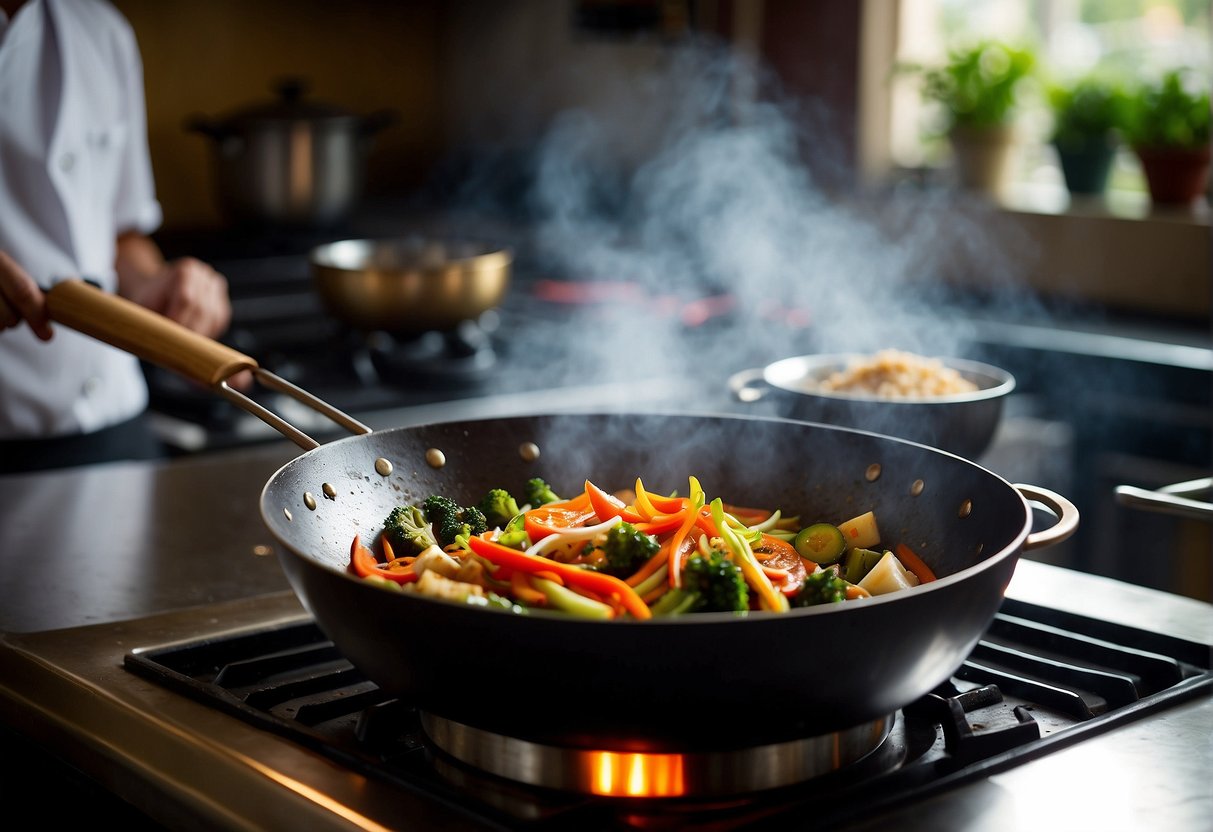 A wok sizzles with stir-fried vegetables and savory sauces, while a steaming pot of rice sits nearby. Aromatic spices and herbs fill the air as a chef expertly prepares traditional Chinese dishes for a Food Network cooking show