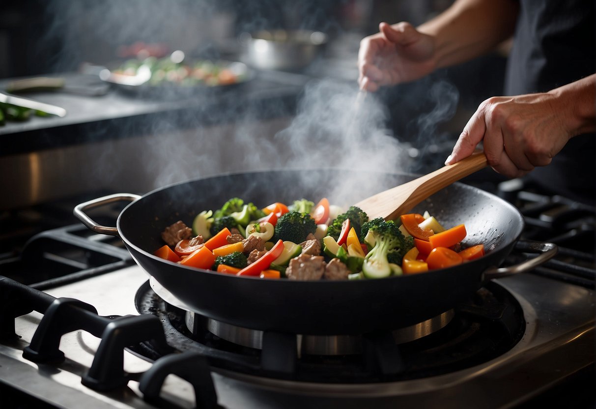 Ingredients sizzle in a wok over high heat. A chef tosses vegetables and meat, creating aromatic steam. Surrounding the stove are various kitchen tools and spices