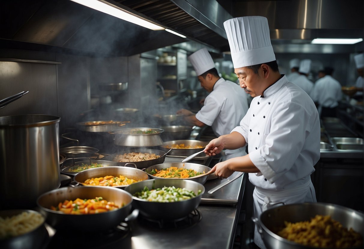 A bustling kitchen with chefs preparing a variety of Chinese fusion dishes. Steam rises from sizzling woks as ingredients are expertly combined. Shelves are lined with exotic spices and sauces, adding to the vibrant atmosphere