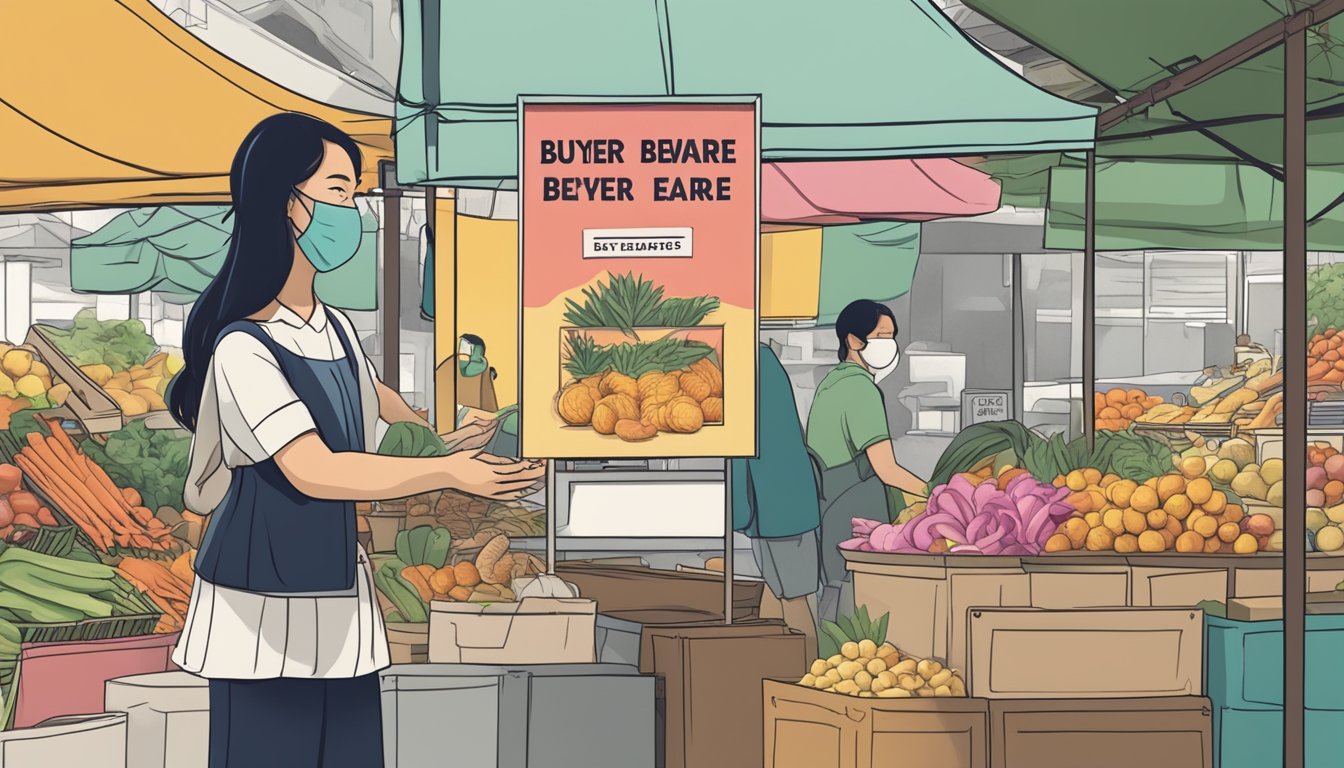 A hand reaches for a "Buyer Beware" sign in front of a Singaporean market stall