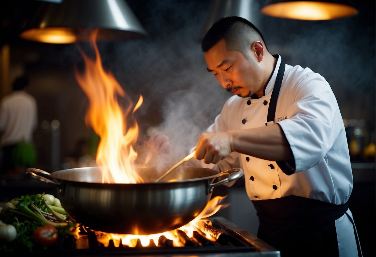 A chef expertly wields a wok over a high flame, tossing stir-fried vegetables and sizzling meats with precision and skill. The aroma of garlic, ginger, and soy sauce fills the air as the chef demonstrates mastering Chinese cooking techniques