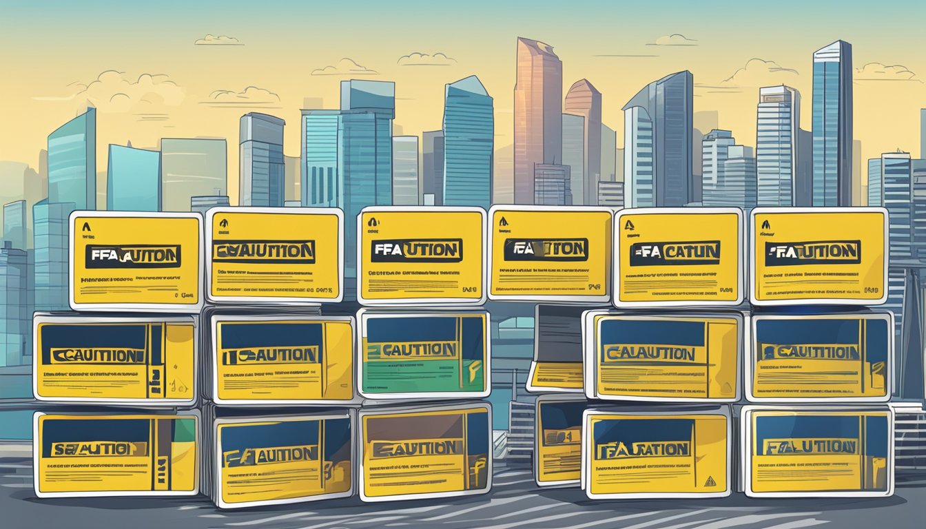 A stack of FAQ cards with caution signs, set against the Singapore skyline