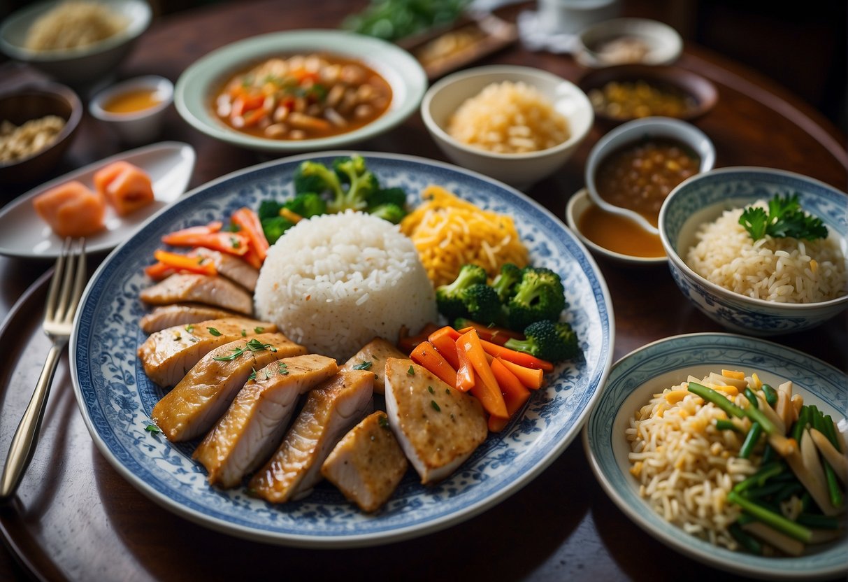 A table set with a variety of colorful and balanced Chinese dishes, including steamed fish, stir-fried vegetables, and rice