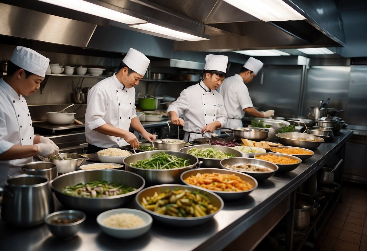 A bustling kitchen with chefs preparing various Chinese dishes, surrounded by shelves of exotic ingredients and cookware