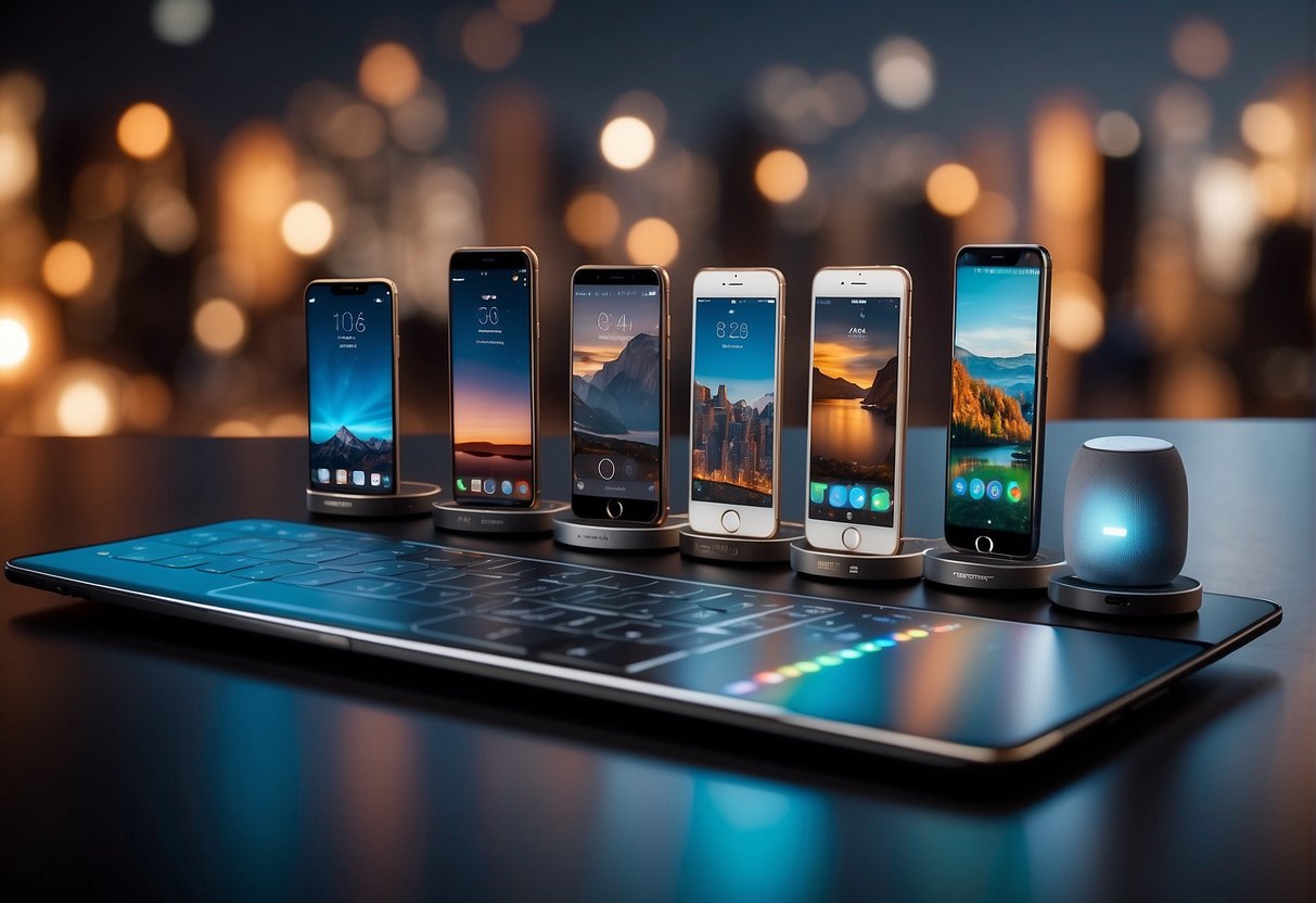 A group of diverse devices interacting seamlessly, including smartphones, tablets, and smart speakers, all utilizing multimodal AI for various tasks and applications