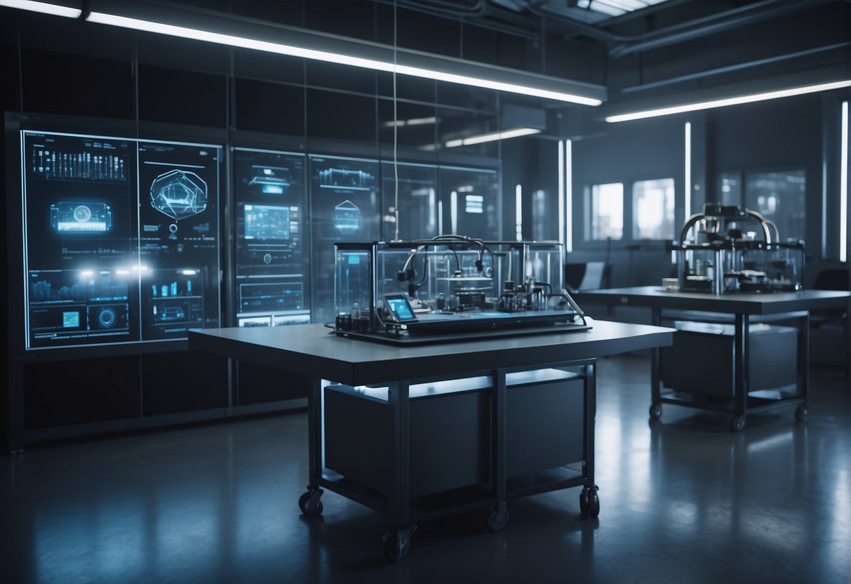 A futuristic lab with holographic displays, robotic arms, and AI algorithms processing data from various sources