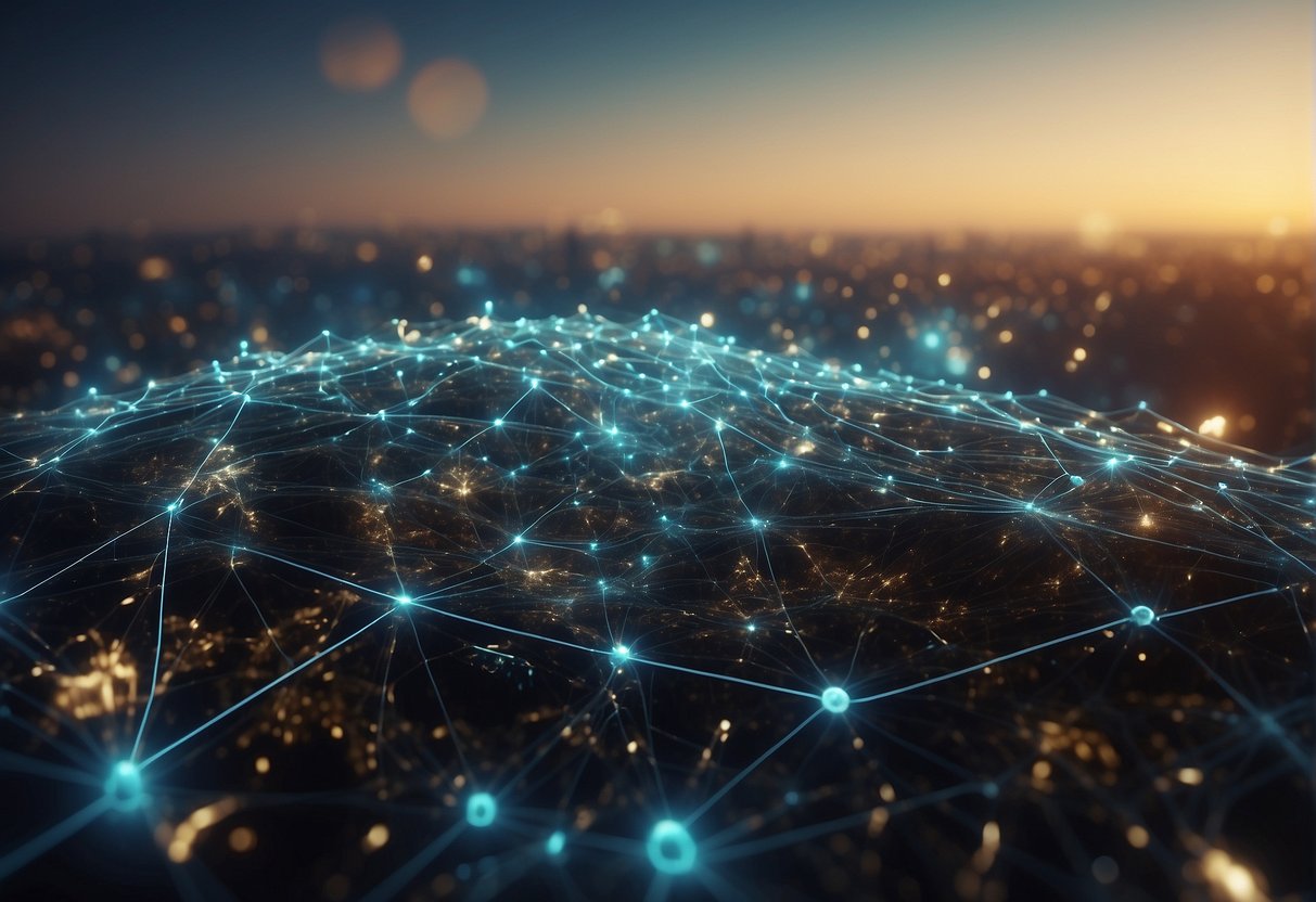 A futuristic, interconnected network of AI algorithms and data streams, symbolizing the complex and evolving nature of multimodal AI