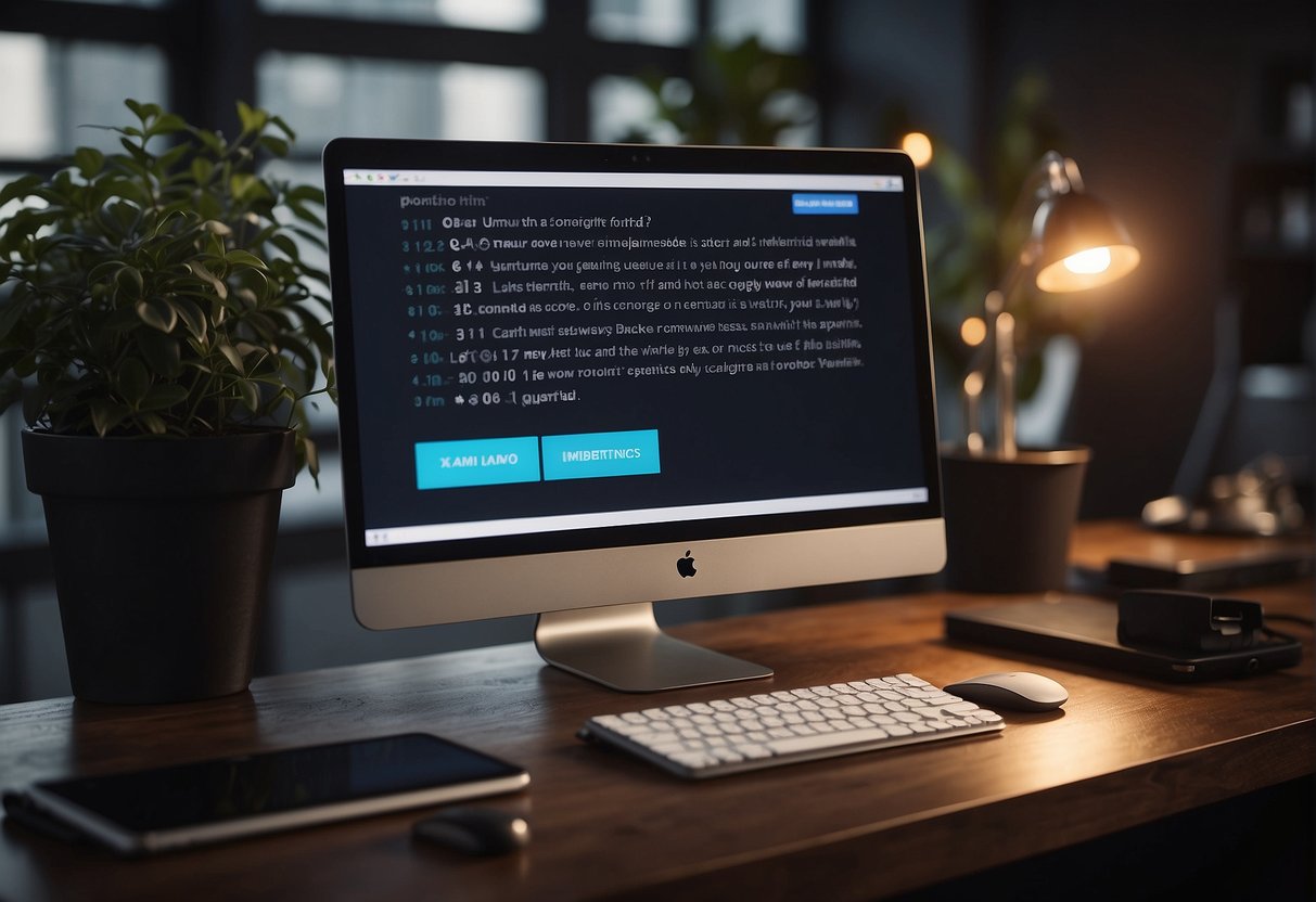 A computer screen displaying a list of frequently asked questions with an AI chatbot icon next to it. A user's hand hovers over the keyboard, ready to type a question