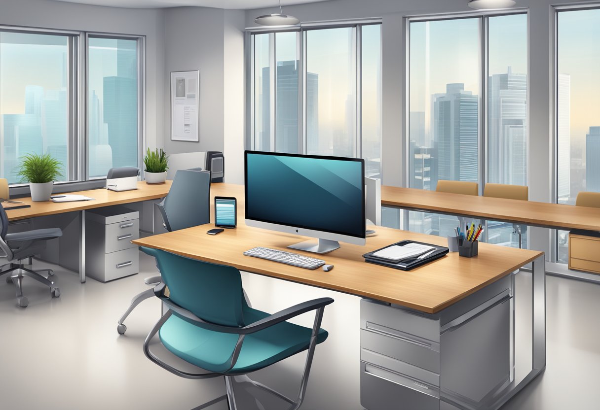 A professional office setting with a computer, paperwork, and a sleek, modern desk. A logo or sign displaying "Registered Agent Services" prominently