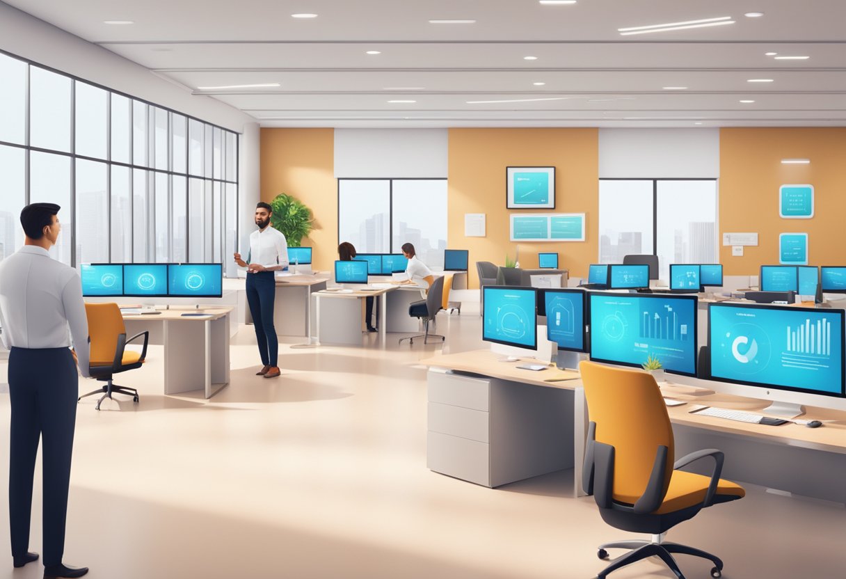 A modern office setting with digital screens displaying positive customer feedback, while employees use advanced technology to streamline the agent service process