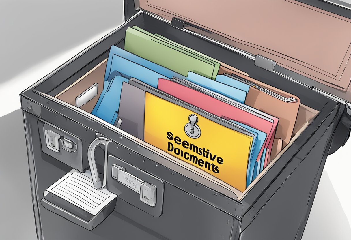 A secure lockbox labeled "Sensitive Documents" with legal disclaimers and a registered agent service logo displayed prominently