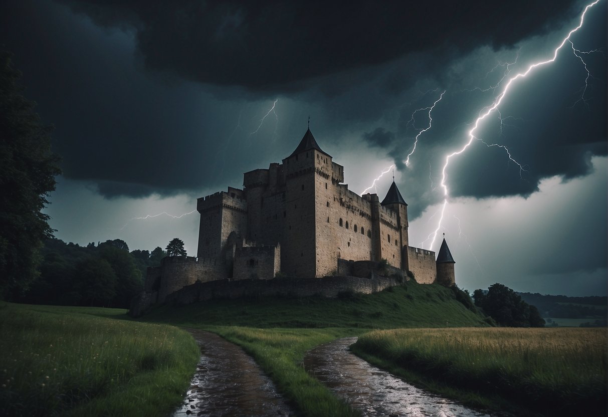 A stormy sky with lightning striking down on a medieval castle, surrounded by dark clouds and heavy rain