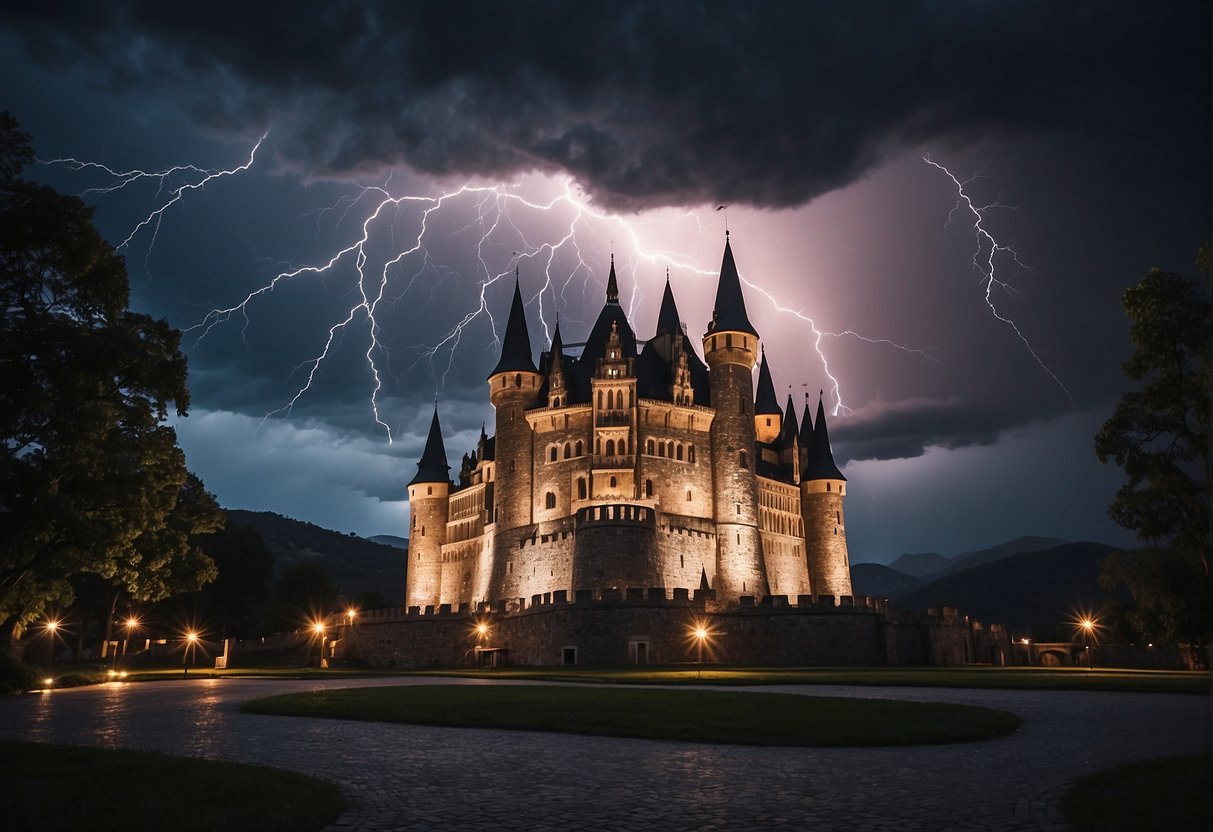 A grand castle with lightning bolts striking around it, showcasing the power and history of Thunder Gaming