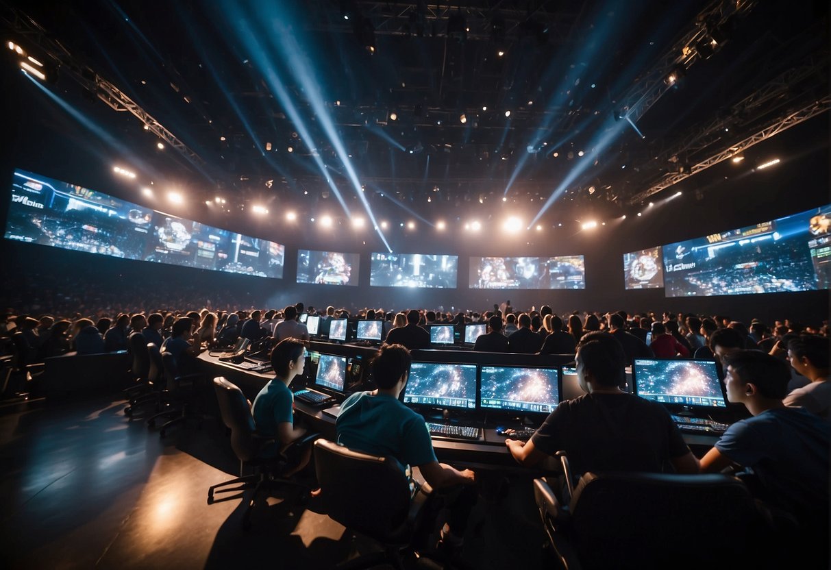 Players compete in Thunder Gaming Tournaments. Bright lights illuminate the stage as intense matches unfold. The crowd cheers as the action heats up
