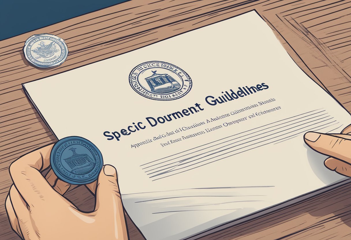A hand placing a document with the title "Specific Document Guidelines apostille Rhode Island" onto a desk with a stamp and official seal