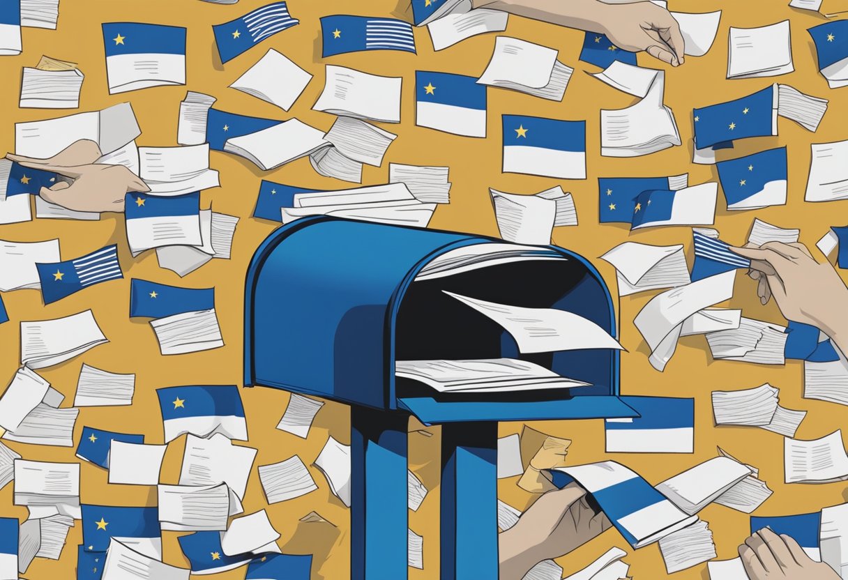 A hand placing a stack of documents into a mailbox with a Rhode Island state flag in the background