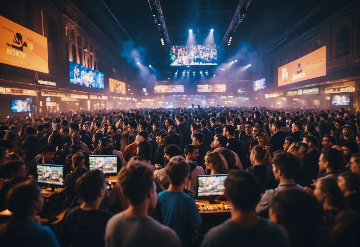 A lively gaming event with colorful banners and enthusiastic participants, surrounded by a bustling community