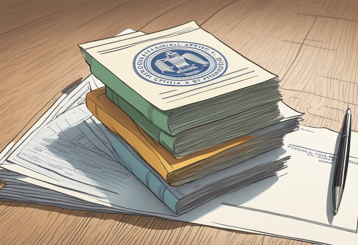 A stack of official documents with a Rhode Island apostille stamp on a desk