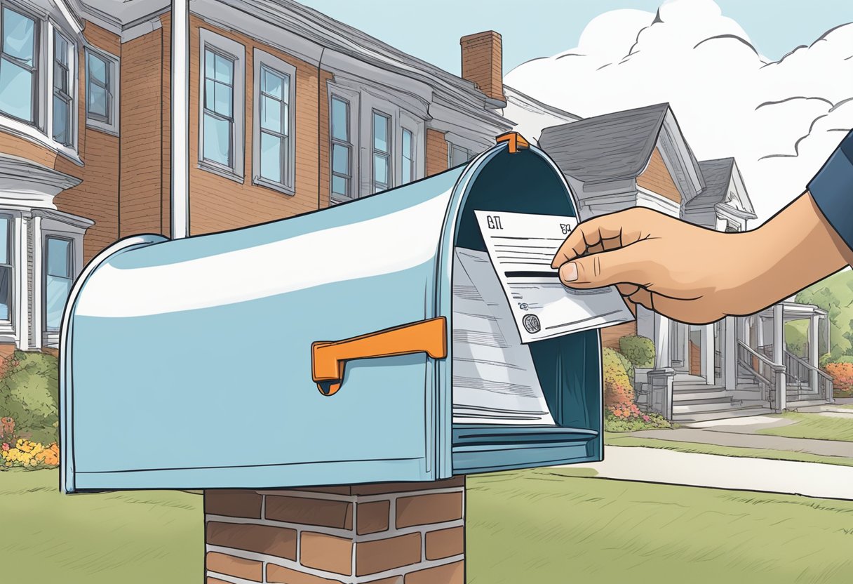 A hand placing a Rhode Island apostille document into a mailbox