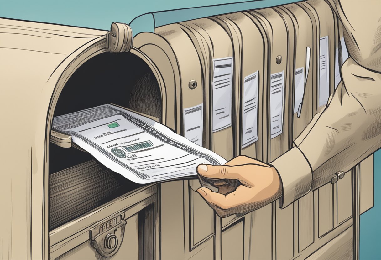 A hand placing a check into a mailbox labeled "Fees and Payment" for a Rhode Island apostille