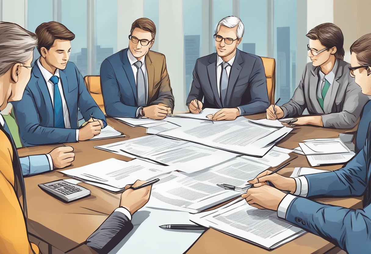 A group of business partners seated around a table, discussing and signing an LLC operating agreement document