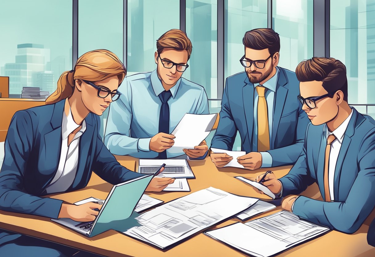 A group of professionals discussing and filling out paperwork in a modern office setting