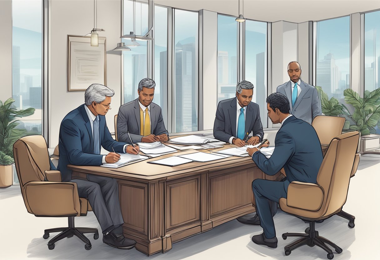 A group of individuals discussing and signing a legal document in a professional office setting
