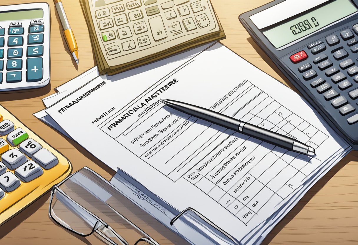 A stack of papers with "Financial Matters LLC Operating Agreement Questionnaire" printed on top, surrounded by a pen and calculator