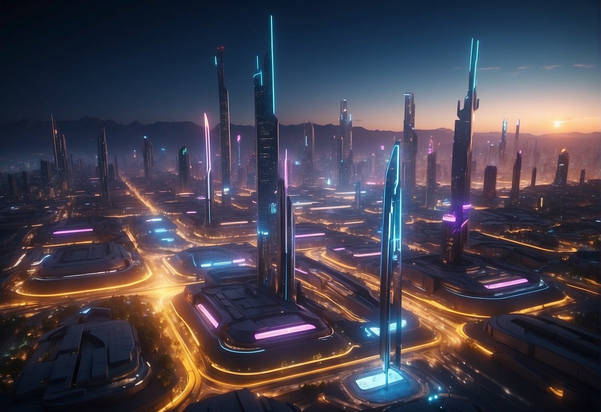 A futuristic cityscape with neon lights and holographic displays, showcasing advanced technology and artificial intelligence in video games