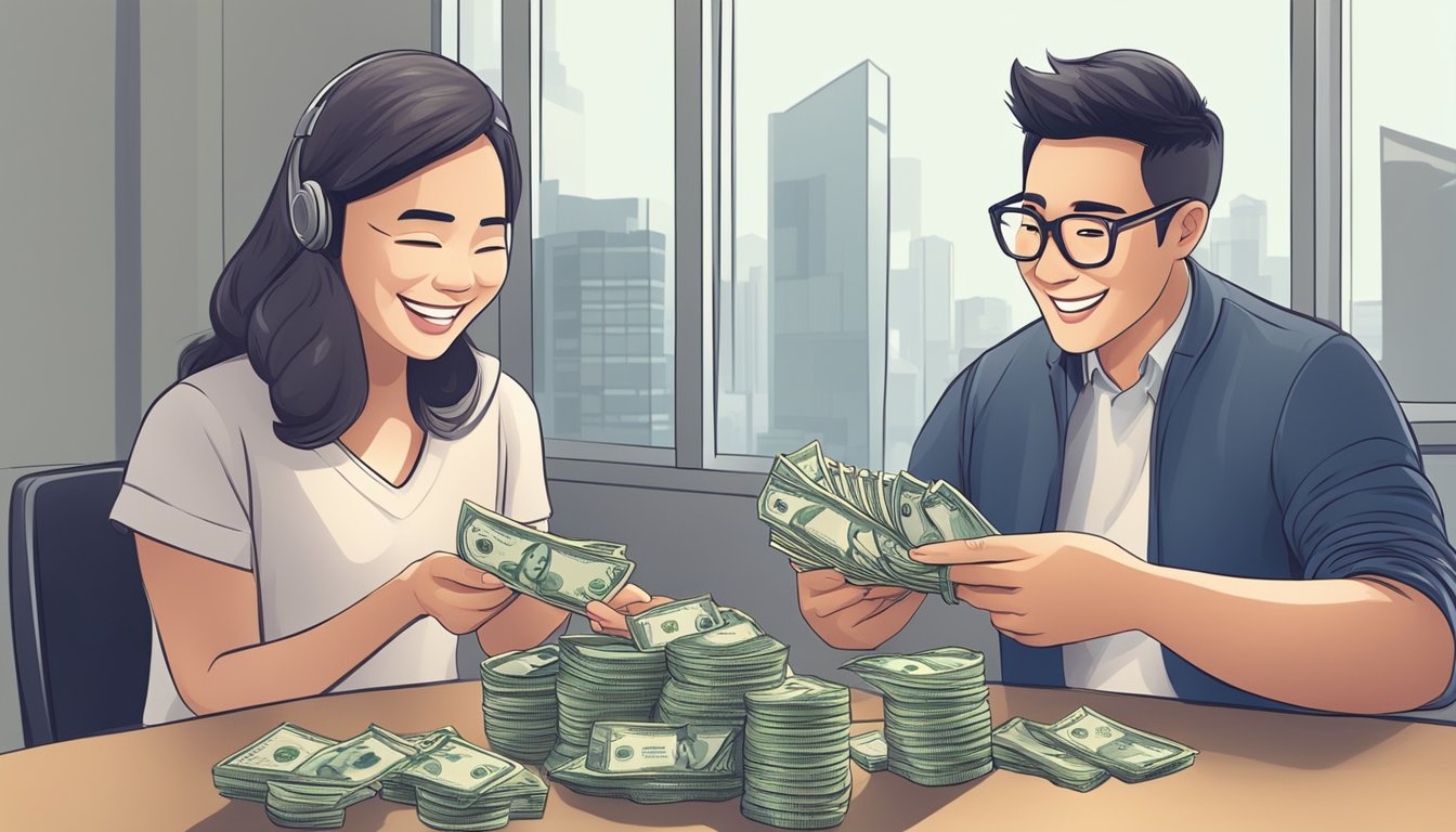 A person happily receives money from a licensed money lender in Singapore. They are smiling and counting the cash, feeling relieved and grateful for the financial support