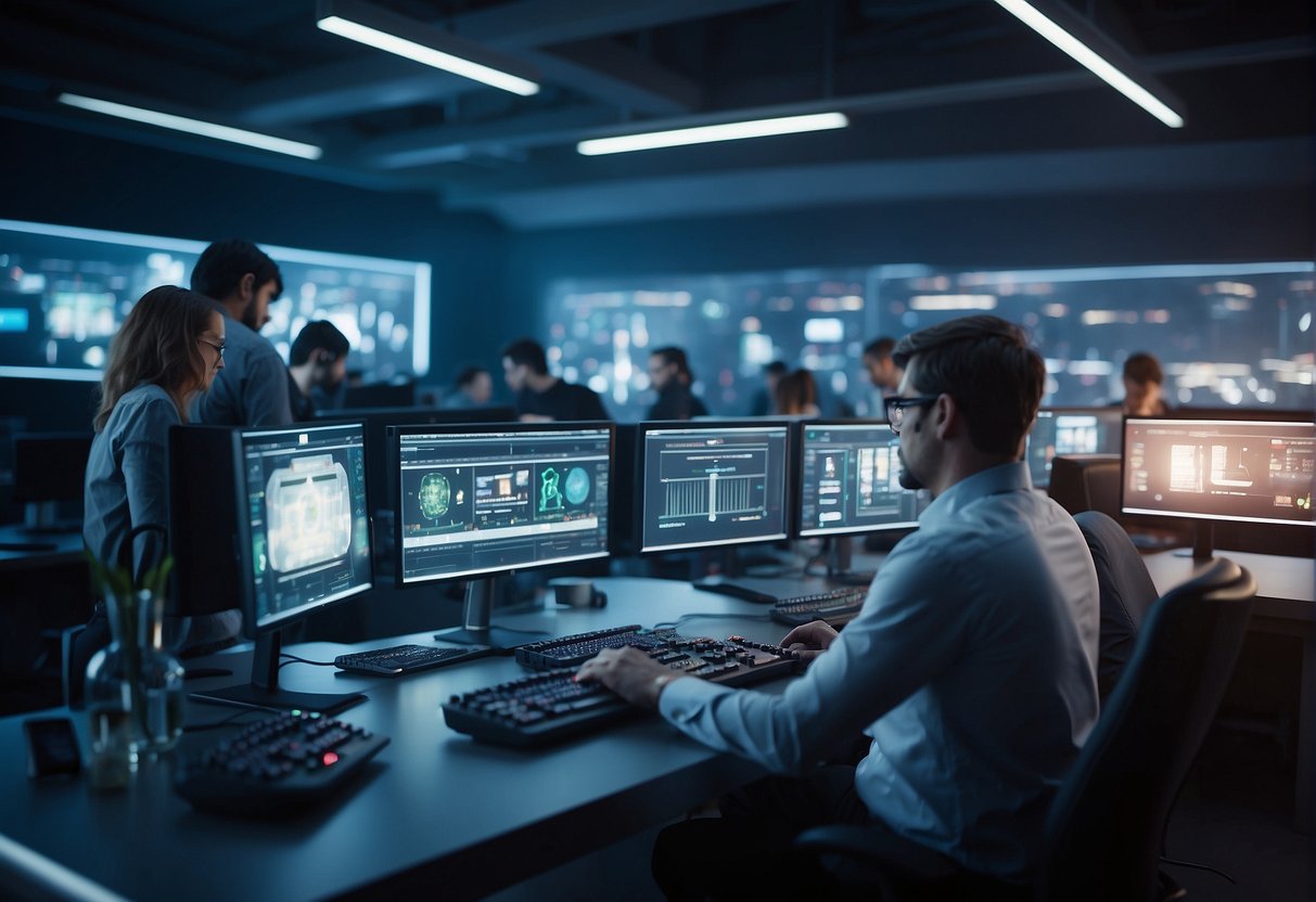 In a futuristic lab, a team of designers work on AI for video games, surrounded by screens and high-tech equipment