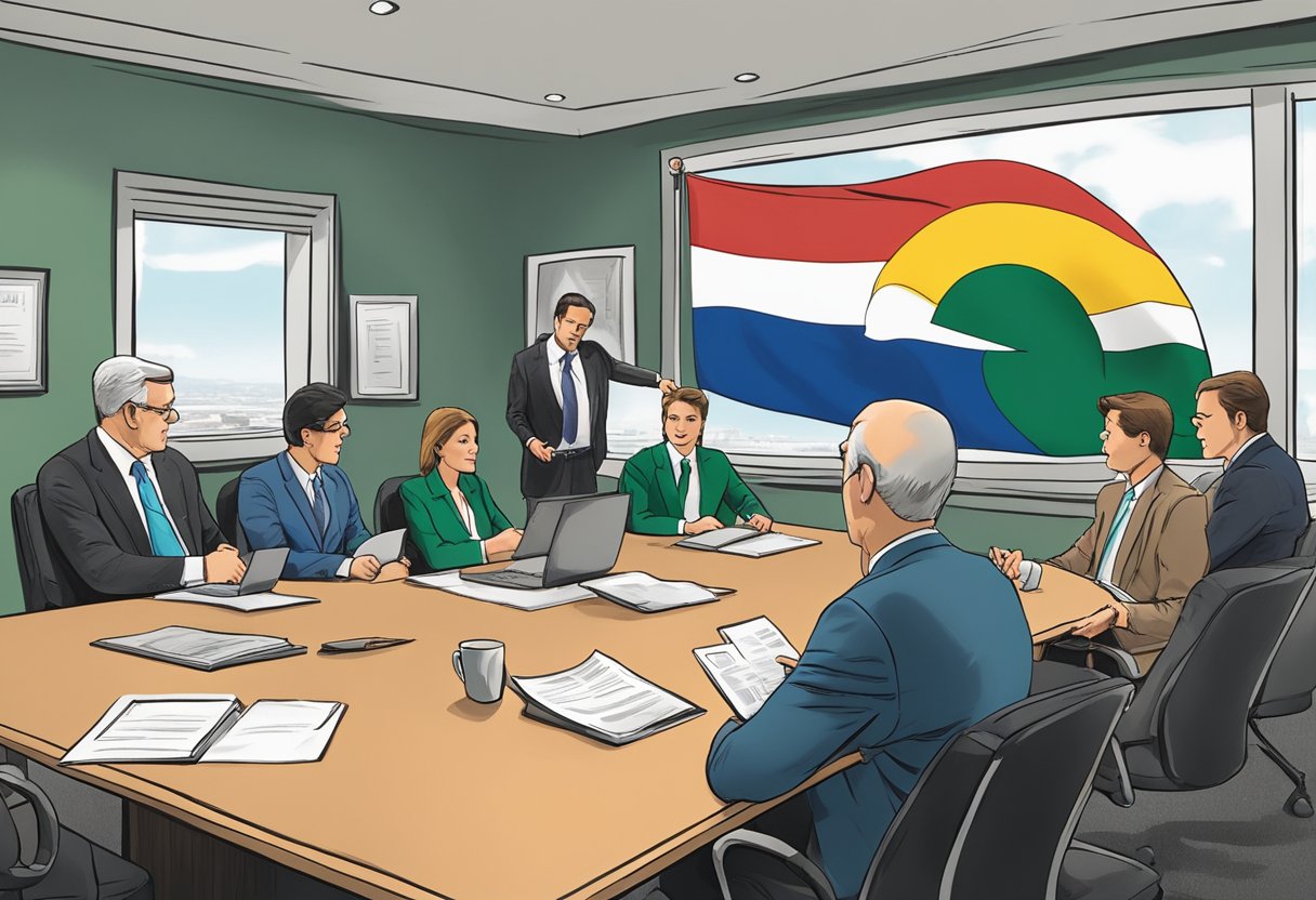 A group of lawyers in Colorado discussing nonprofit law in a conference room with legal documents and a Colorado state flag on the wall