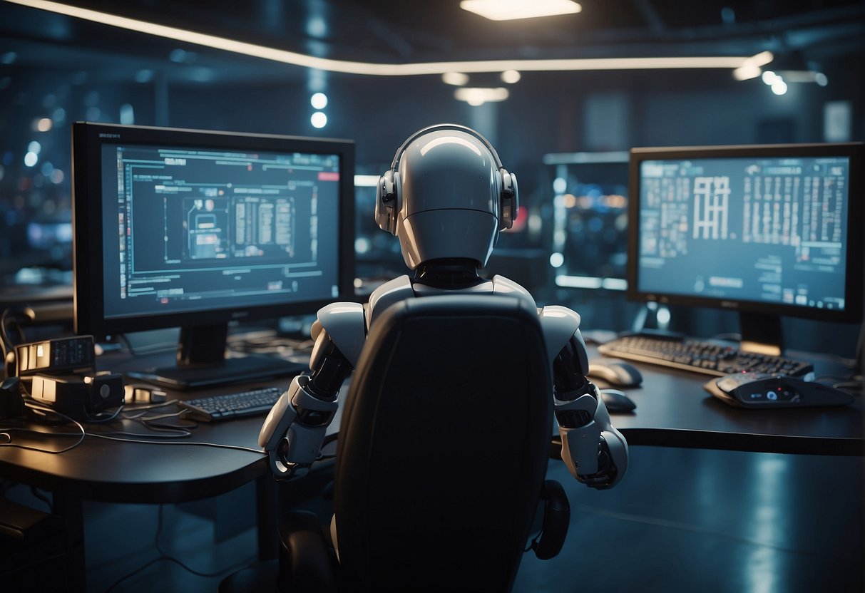 A computer monitor displaying error messages while a robotic character in a video game struggles to navigate through a complex virtual environment