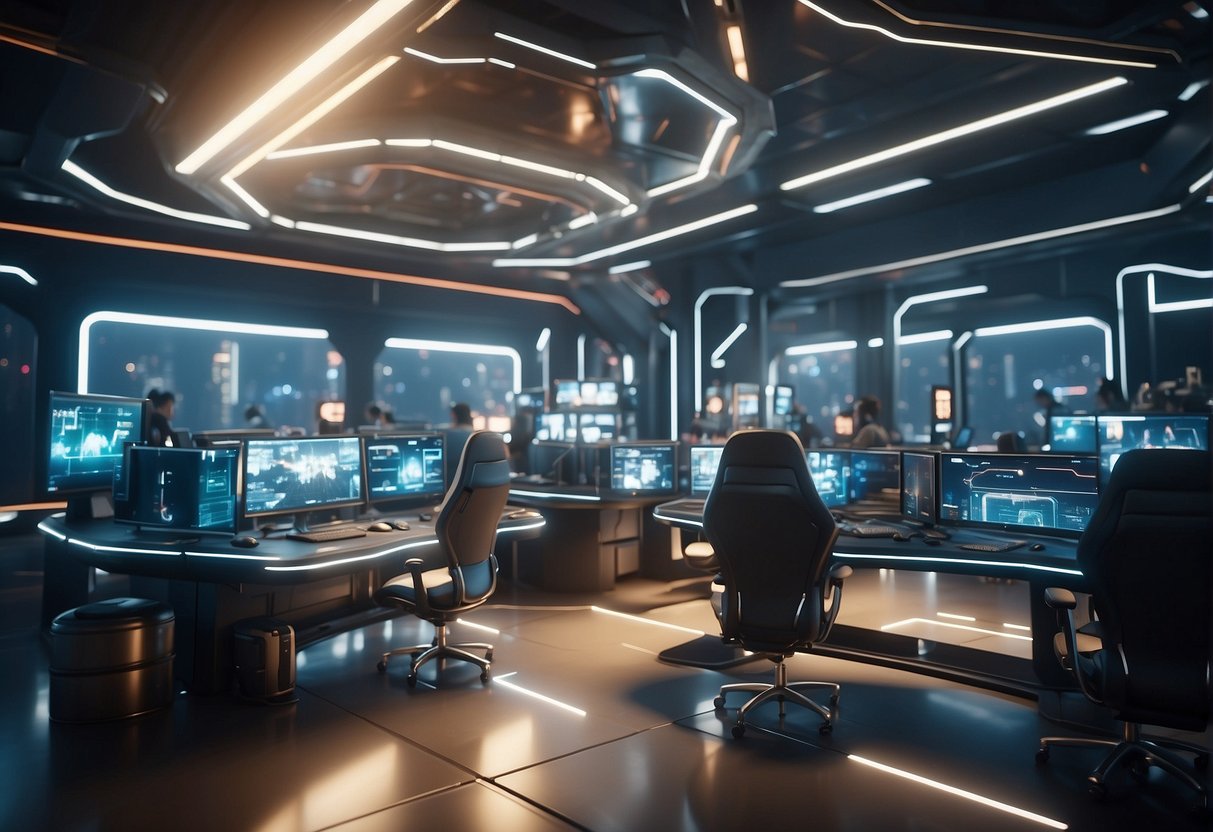 A futuristic gaming world with AI-controlled characters and environments, showcasing seamless integration of artificial intelligence in gameplay and graphics