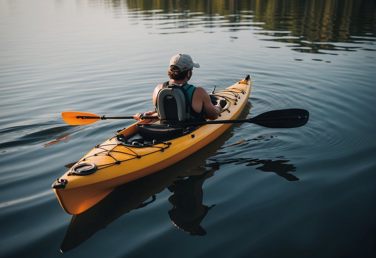 A kayak with a mounted trolling motor glides through calm waters