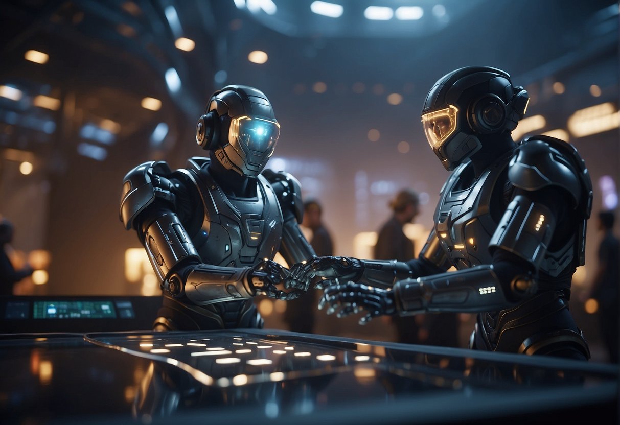 Players engage with AI characters in immersive virtual environments, navigating through futuristic landscapes and solving puzzles in interactive video games