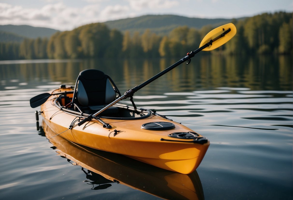 A kayak with a mounted trolling motor on the stern, secured with brackets and connected to a battery, ready for a day on the water