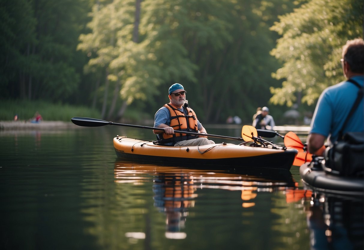 A kayak with a mounted trolling motor, surrounded by curious onlookers
