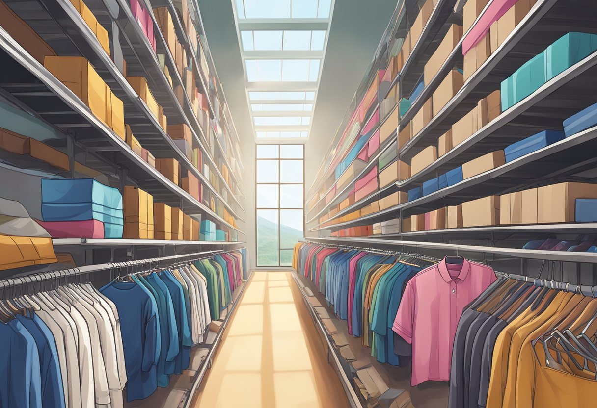 A warehouse filled with neatly stacked racks of colorful wholesale clothing. Labels and tags are visible on the garments, and the space is well-lit with natural light streaming in through large windows