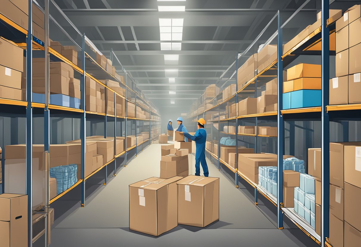 A warehouse filled with racks of neatly organized clothing, with workers packing and labeling boxes for shipment