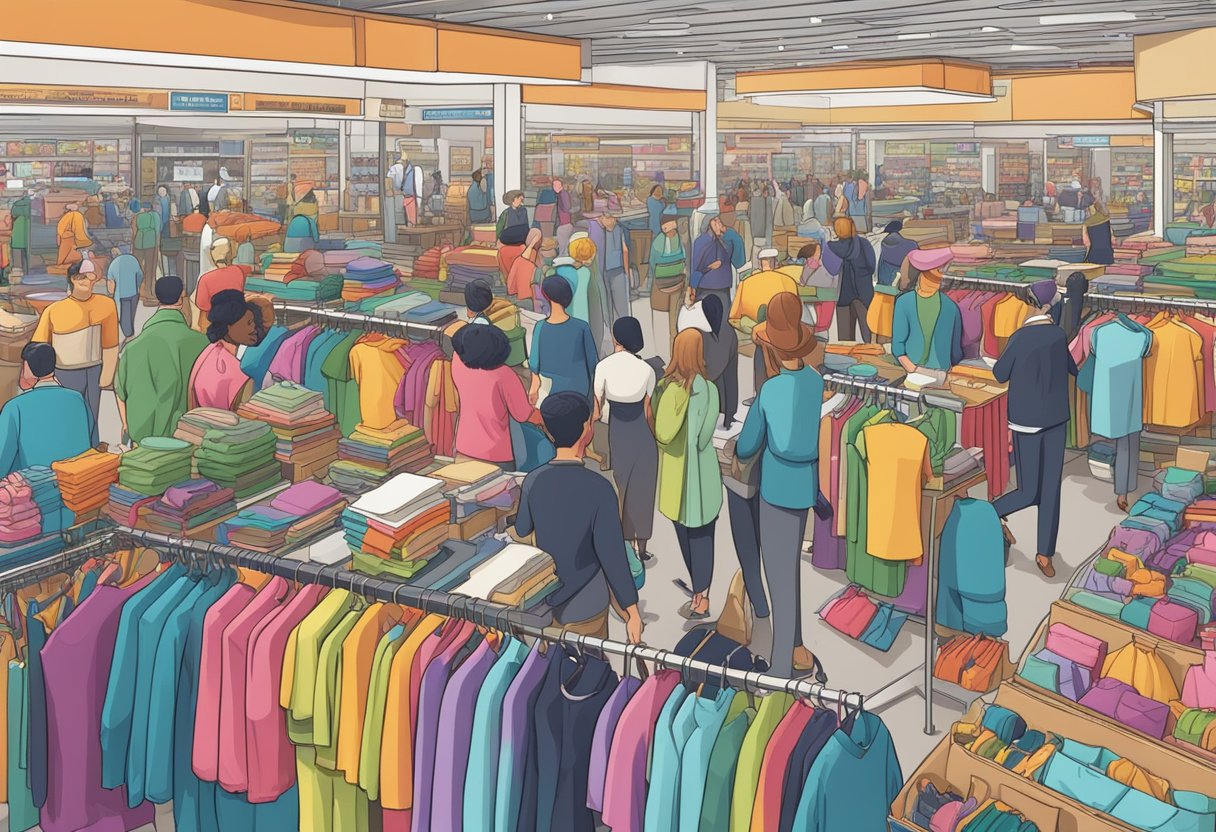 A bustling marketplace with racks of colorful clothing, eager customers browsing, and sales representatives pitching wholesale deals