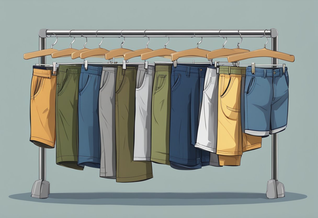A variety of men's shorts in different styles and lengths displayed on a clothing rack, showcasing options for various body types and preferences