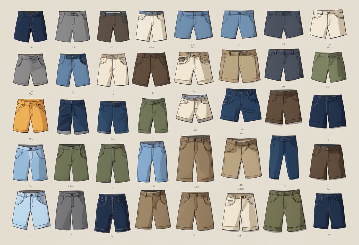 A variety of men's shorts laid out on a table, showcasing different styles and lengths for a guide on choosing the right fit