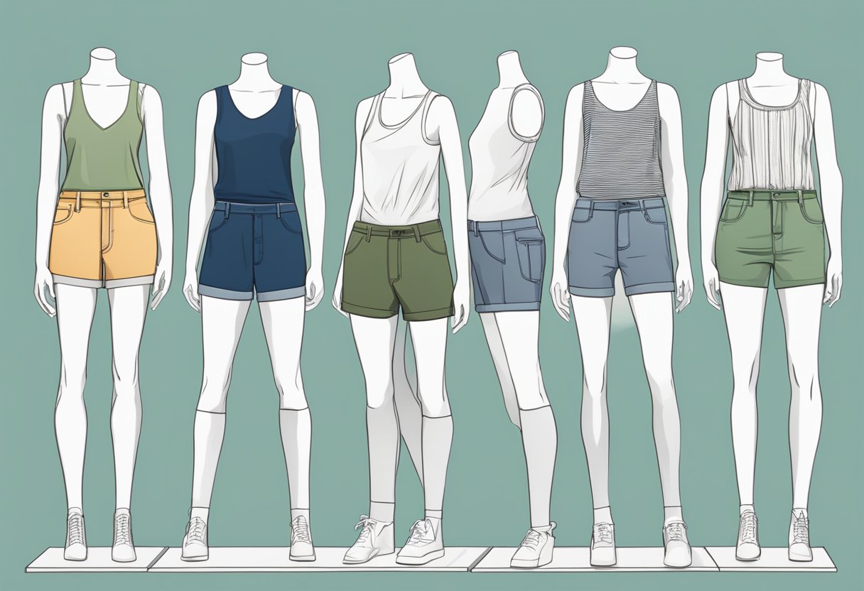 A variety of shorts in different styles and lengths displayed on mannequins or hangers, labeled with body type recommendations